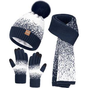 Women's Blue White Winter Beanie Hat Scarf Gloves Set Pom Warm Christmas Gift